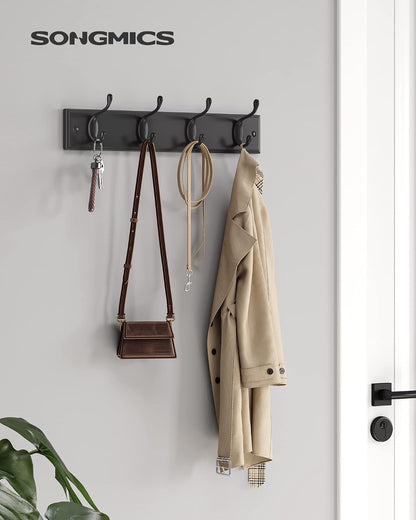 SONGMICS Wall-Mounted Coat Rack, Hook Rack, 4 Dual Metal Hooks, White | For Coats, Bags, Keys, in the Entryway, Bedroom, Living Room ULHR23WT