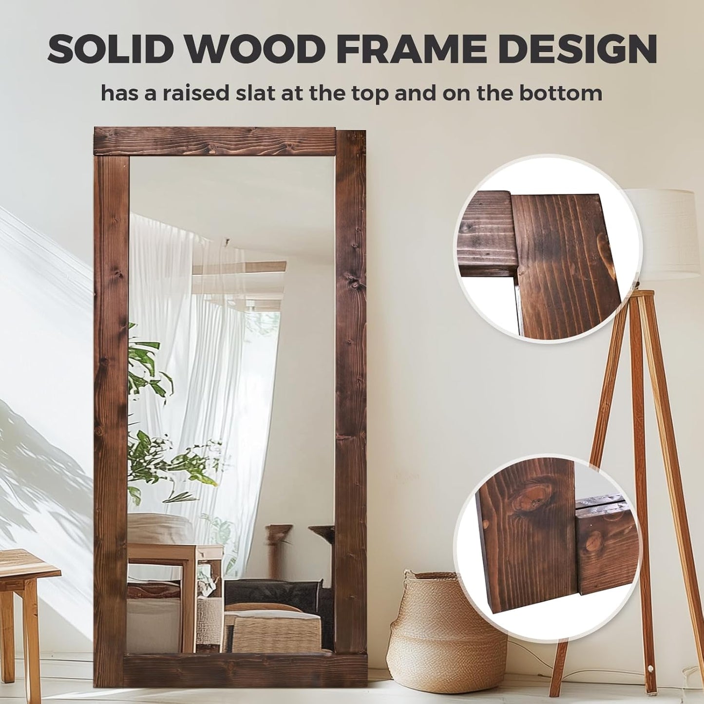 Solid Wood Full Length Mirror - 65"x22" Arched Floor Mirror, Free Standing & Wall Mounted - Elegant Design for Bedroom, Dressing Room, Hallway, Brown