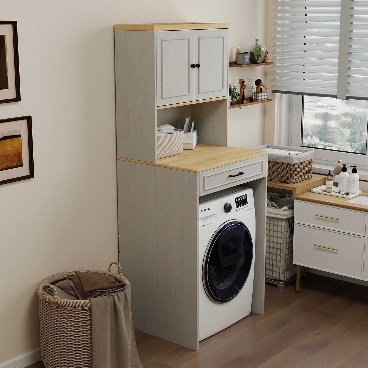 Locsear Washer Dryer Countertop with Shelf, Over The Washer or Dryer Storage Shelves Cabinet, Laundry Room Storage and Organization, Compact Washing Machines with a Width of Less Than 27 inches