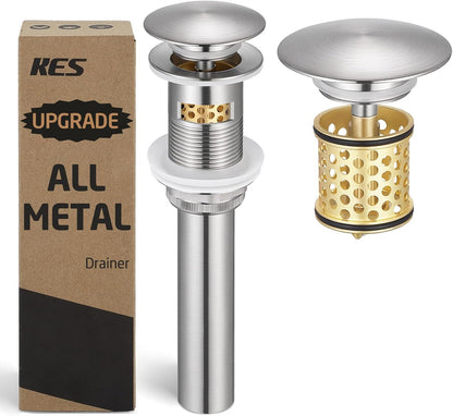 KES Bathroom Sink Drain with Overflow, All Metal Pop Up Drain for Bathroom Sink Stopper with Brass Strainer Basket Hair Catcher Anti Clog Rustproof 18/8 Stainless Steel Matte Black, S2018A-BK