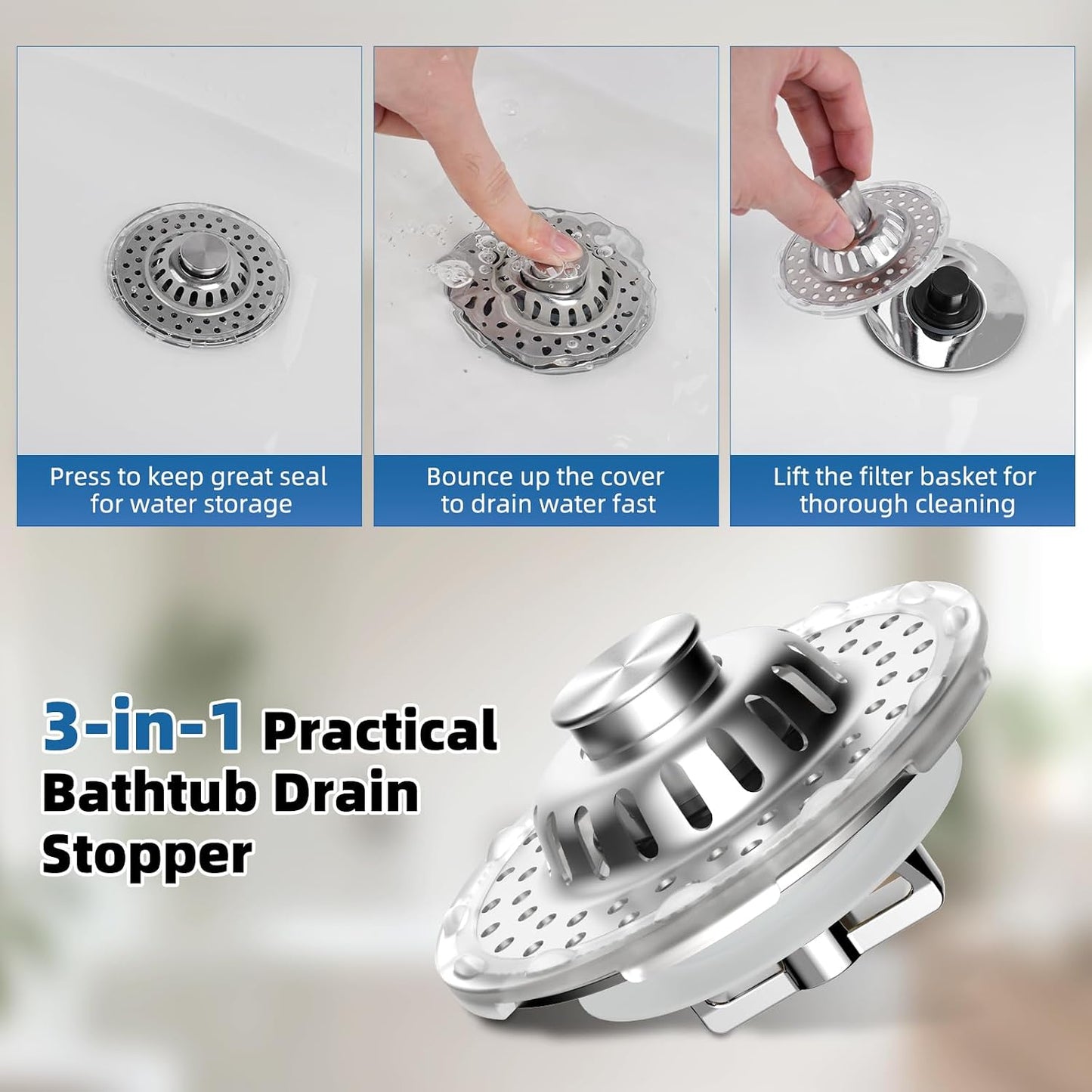 Universal Bathtub Drain Stopper Shower Drain Hair Catcher, Tub Stopper with Visible Top Strainer, Upgraded 3 in 1 Pop-up Drain Plug Fit for 1.5 to 2.4" Hole, Stainless Steel Filter Basket, Chrome