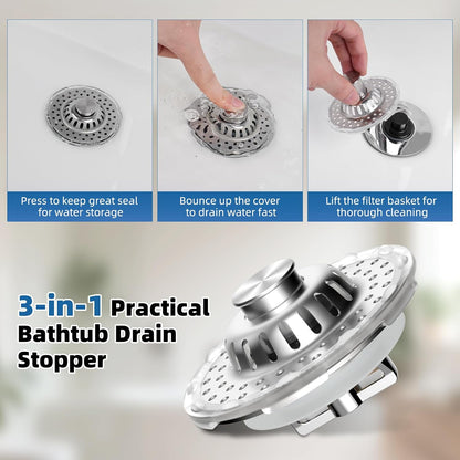 Universal Bathtub Drain Stopper Shower Drain Hair Catcher, Tub Stopper with Visible Top Strainer, Upgraded 3 in 1 Pop-up Drain Plug Fit for 1.5 to 2.4" Hole, Stainless Steel Filter Basket, Chrome