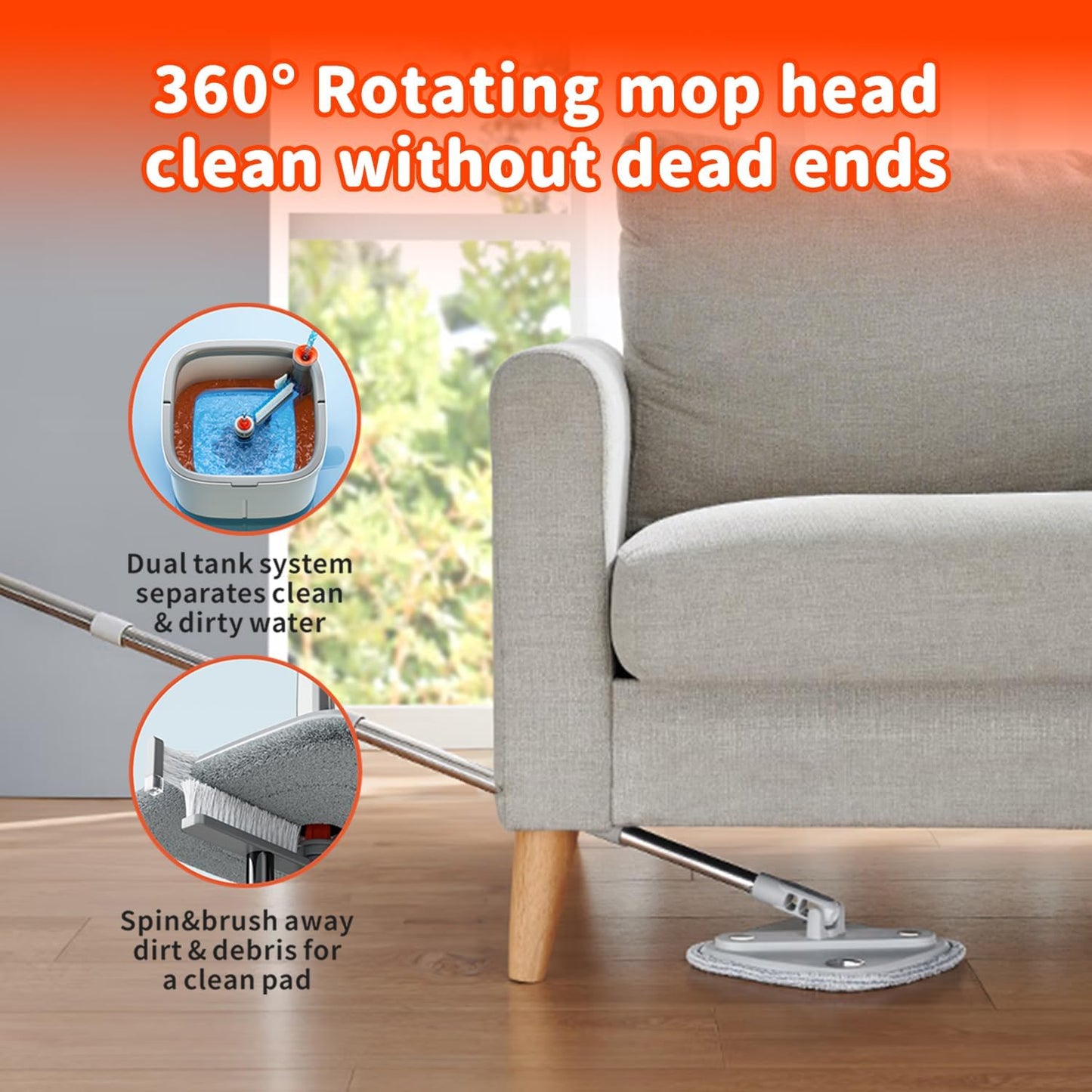 Spin Mop and Bucket Set with 2 Replaceable Microfiber Mop Pads with Self Separation Dirty and Clean Water System, Self Wringing 360° Rotating Square Mop Head for Hardwood Tile Marble Floors