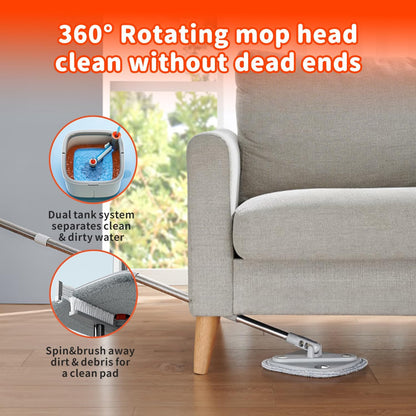 Spin Mop and Bucket Set with 2 Replaceable Microfiber Mop Pads with Self Separation Dirty and Clean Water System, Self Wringing 360° Rotating Square Mop Head for Hardwood Tile Marble Floors