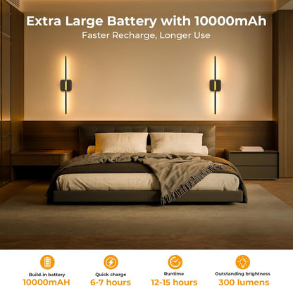 GvvooHome Battery Operated Wall Sconces Set of 2, Detachable 360°Rotate Wall Lamps, 3000-6500K Dimmable with Remote Control, 10000mAh Rechargeable Wall Light for Bedroom, Living Room, 28.3" Black Gold