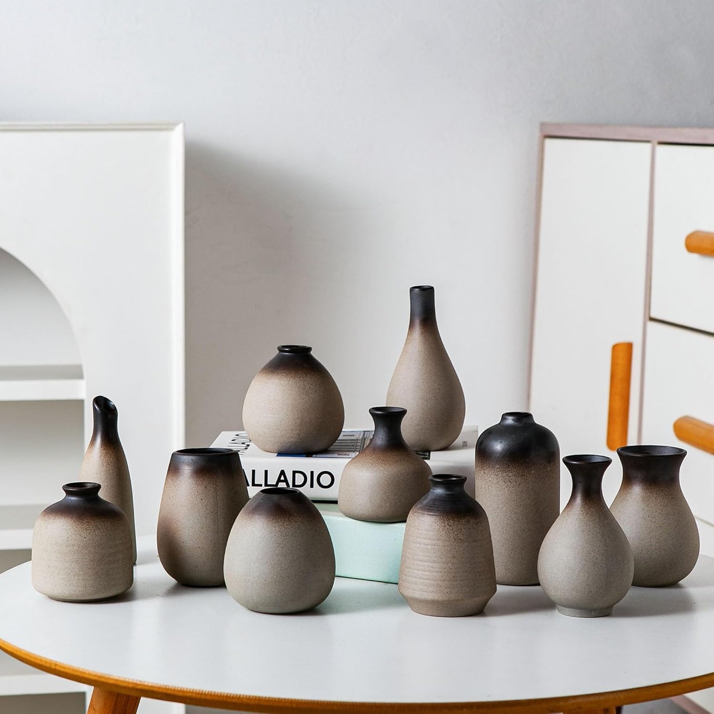 Tanvecle Small White Vases, Ceramic Bud Vase Set of 5, Mini Pottery Vases for Pampas Grass, Flowers, Decorative Vases for Home Modern Decor, Rustic Decor, Veses for Living Room Dining Table Shelves