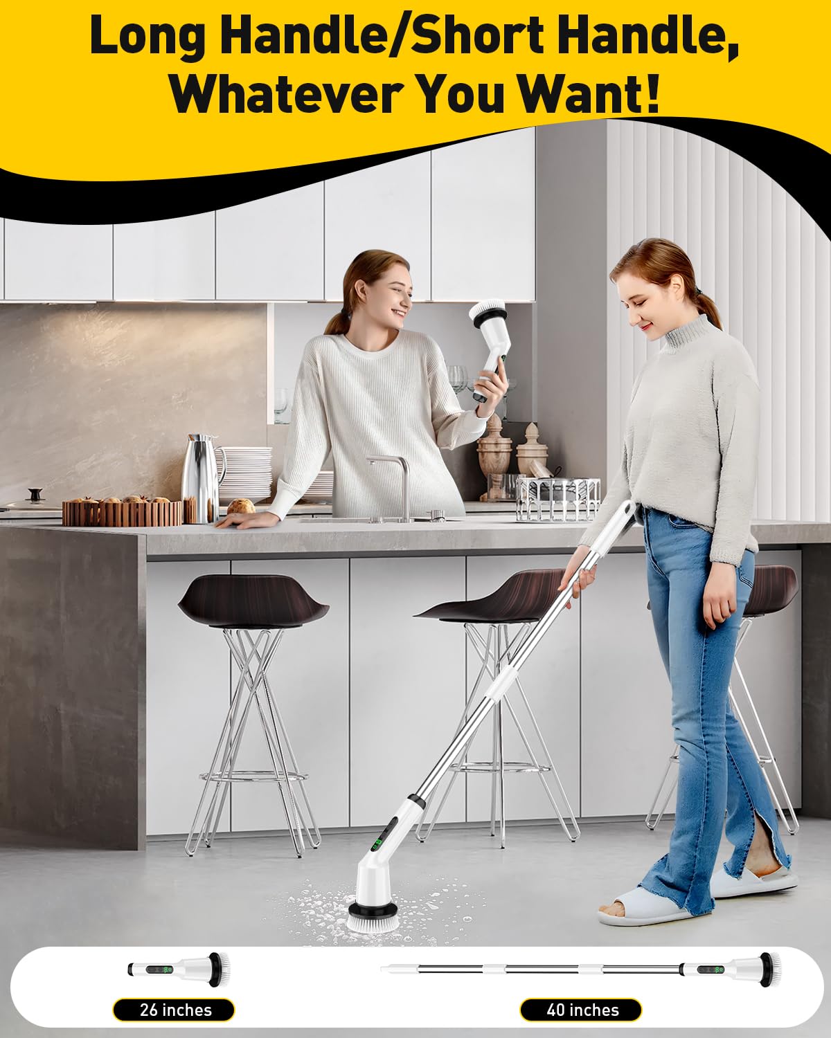 Shower Scrubber with Long Handle, Shower Cleaner Brush with 8 Floor Machine Pads, Cordless Electric Spin Scrubber for Cleaning with 2 Speed, Cleaning Supplies for Bathroom Bathtub Kitchen Floor Tile