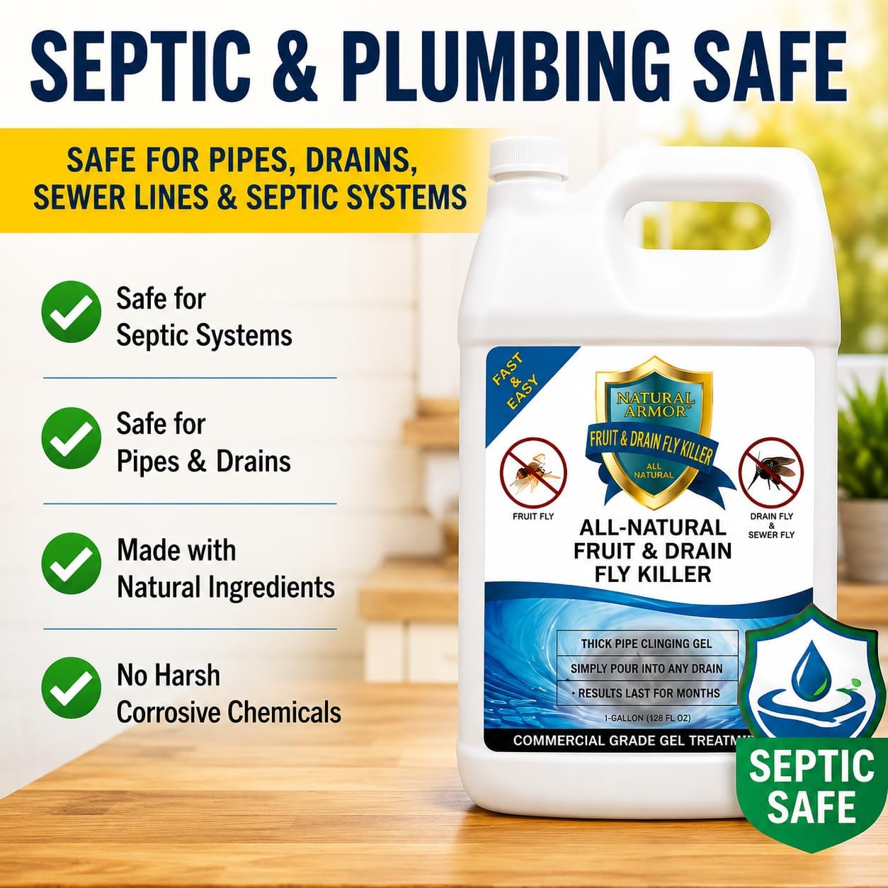 Natural Armor Drain Fly & Fruit Fly Killer (128oz Gallon) | Eliminates Gross Fruit, Drain, Sewer & Gnat Infestations from Any Drain - Simple, Easy to Use - Sewer & Septic Safe