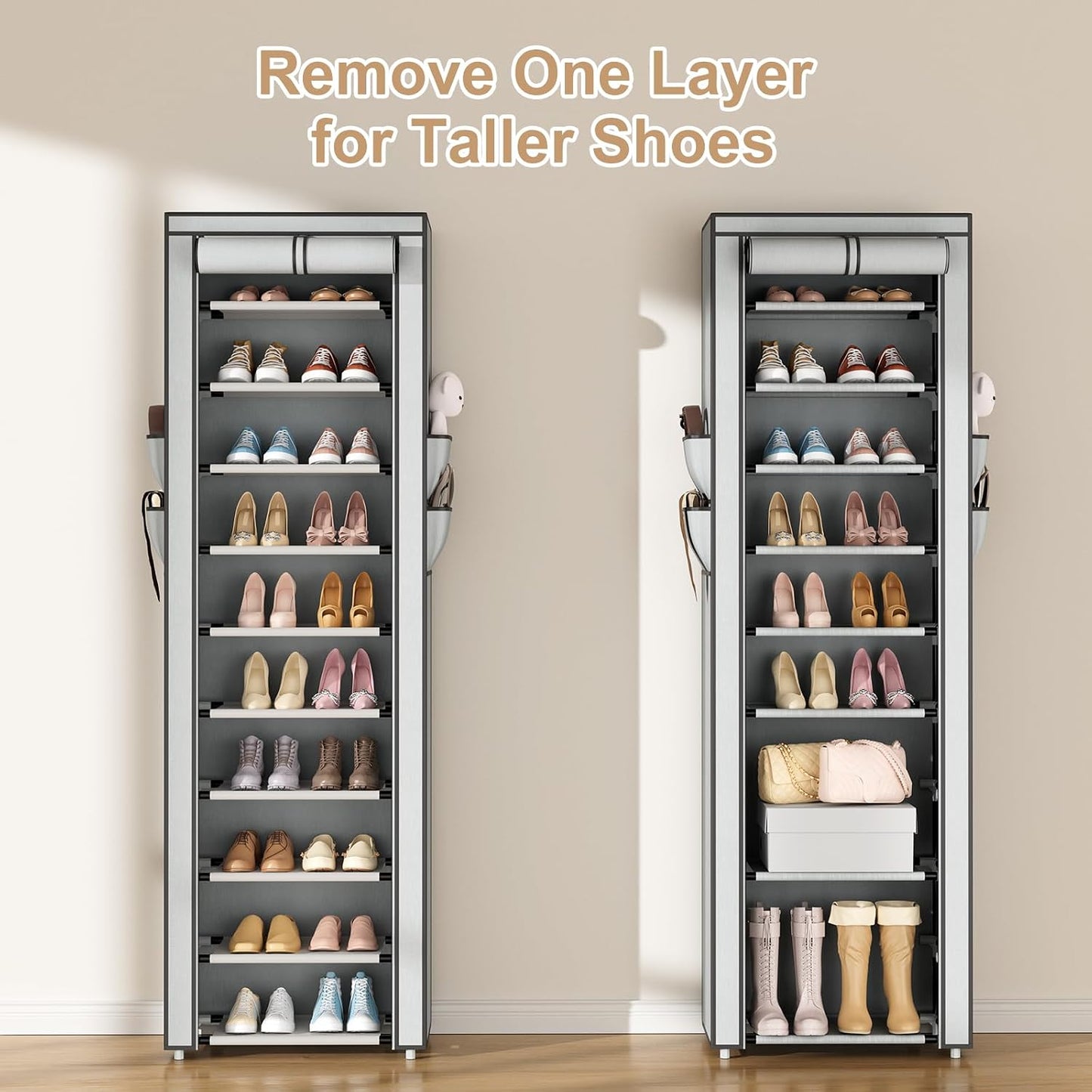 ROJASOP 10 Tier Shoe Rack with Covers,Large Capacity Stackable Tall Shoe Shelf Storage to 50-55 Pairs Shoes and Boots Sturdy Metal Free Standing Shoe Rack Organizer for Closet Entryway Garage