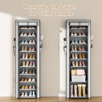 ROJASOP 10 Tier Shoe Rack with Covers,Large Capacity Stackable Tall Shoe Shelf Storage to 50-55 Pairs Shoes and Boots Sturdy Metal Free Standing Shoe Rack Organizer for Closet Entryway Garage