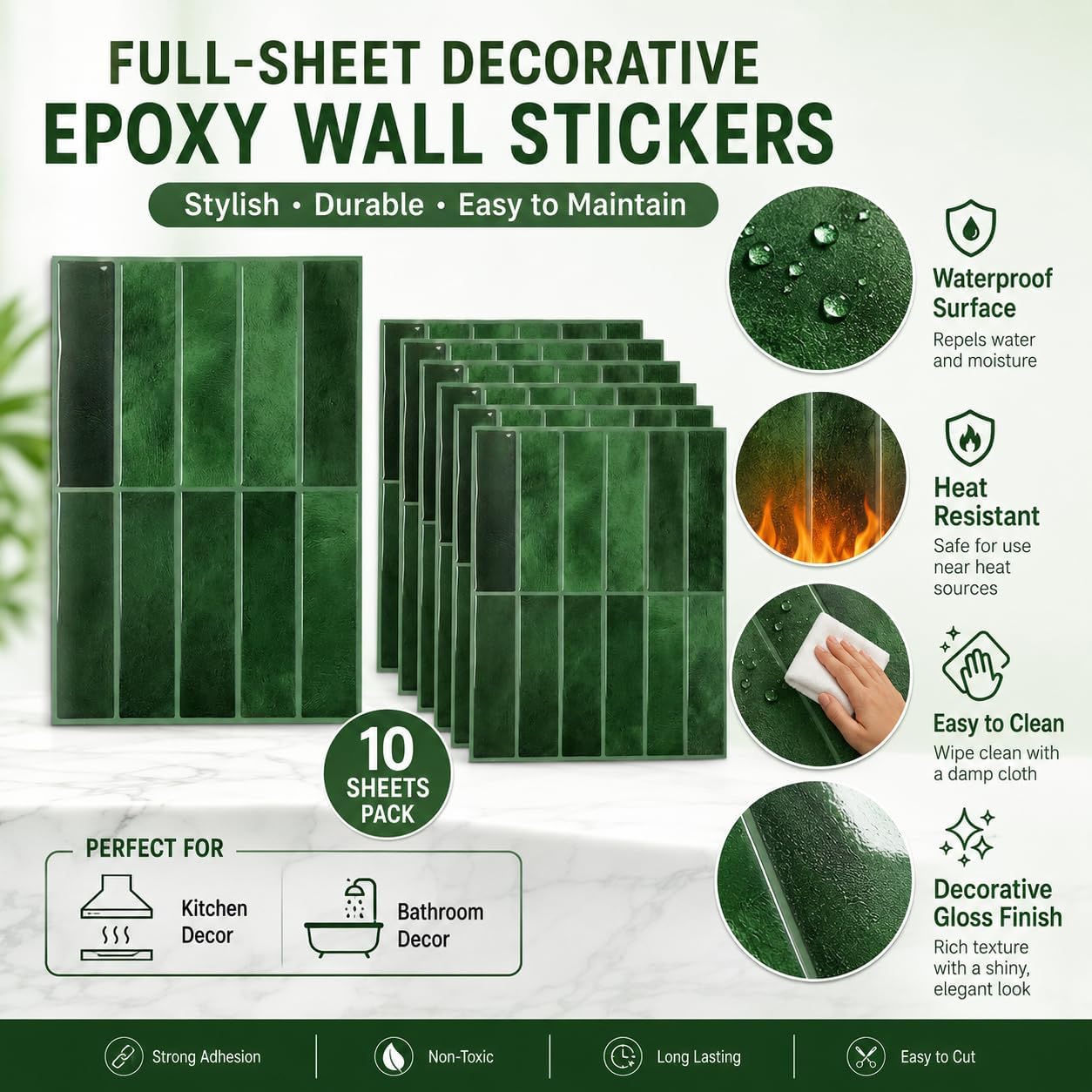 JOLOV 10 Pack Peel and Stick Backsplash Tiles, Waterproof 3D Stickers | Thicker self-adhesive 3D tile stickers for kitchen and bathroom walls; removable, waterproof and easy to install.