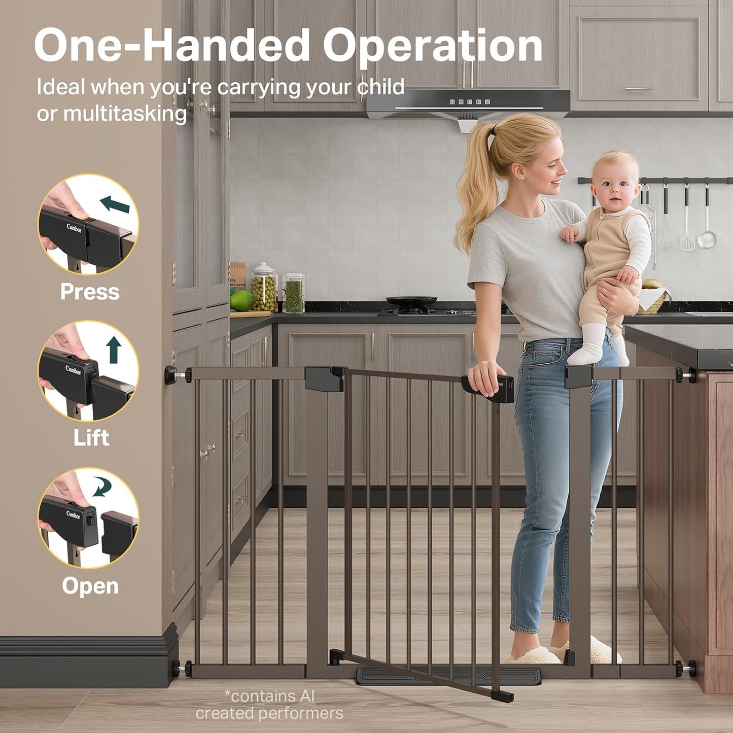 Cumbor 29.7-48" Baby Gate for Stairs, Mom's Choice Awards Winner-Dog Gate for Doorways, Auto Close Safety Pet Gate for Dogs Indoor, Easy Install Pressure Mounted Child Gate with Walk Thru Door, Brown