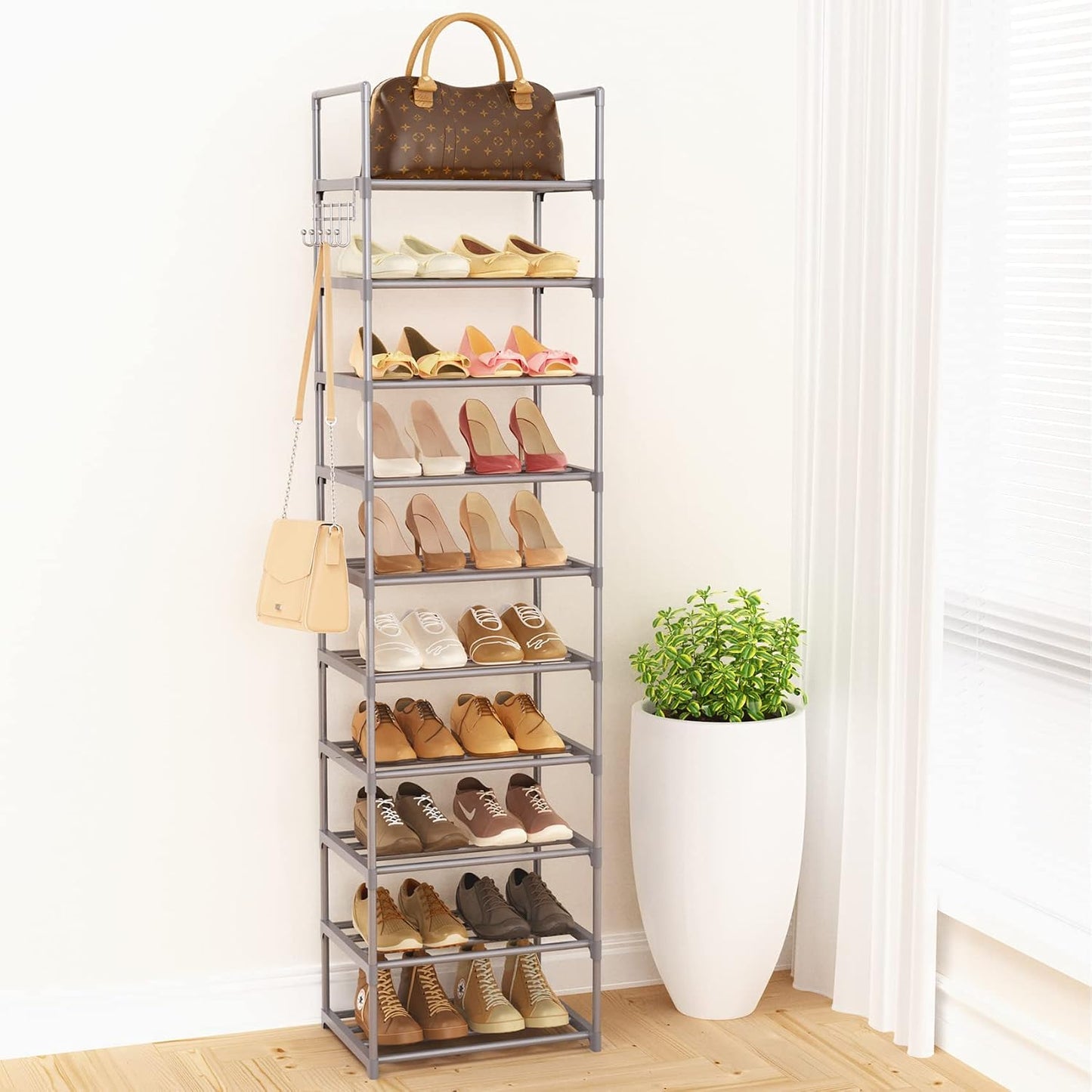 Narrow Shoe Rack 10 Tiers Tall Shoe Rack for Entryway Closet 20 24 Pairs Shoe & Boots Organizer Storage Shelf Durable Black Metal Stackable Shoe Cabinet with Hooks, 17.1D x 11.8W x 78.7H in