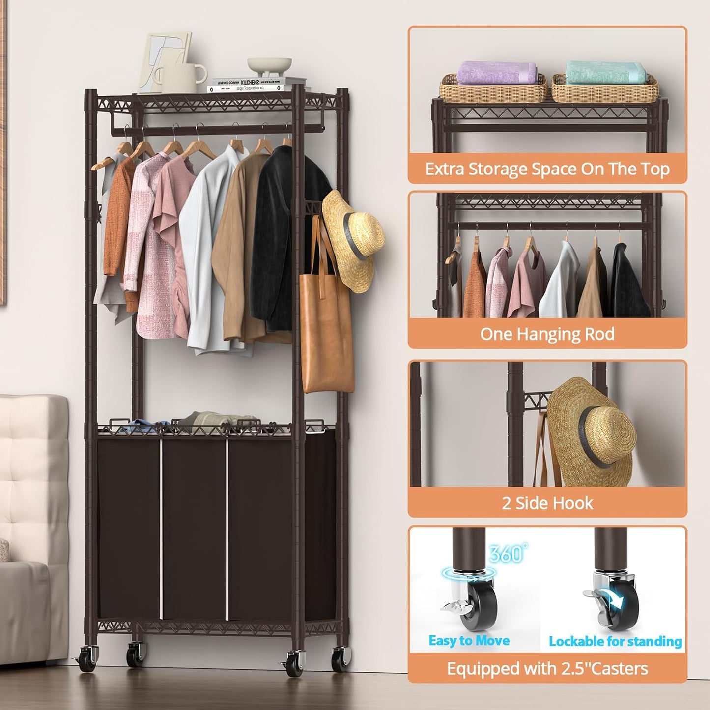 Hodonas Rolling Laundry Basket Organizer with Wheels and Hanging Bar, Laundry Hamper Cart Laundry Sorter 3 Section, Dirty Clothes Hampers for Laundry Bedroom Bathroom w/ 3 Removable Bags, Black