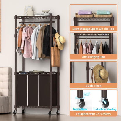 Hodonas Rolling Laundry Basket Organizer with Wheels and Hanging Bar, Laundry Hamper Cart Laundry Sorter 3 Section, Dirty Clothes Hampers for Laundry Bedroom Bathroom w/ 3 Removable Bags, Black