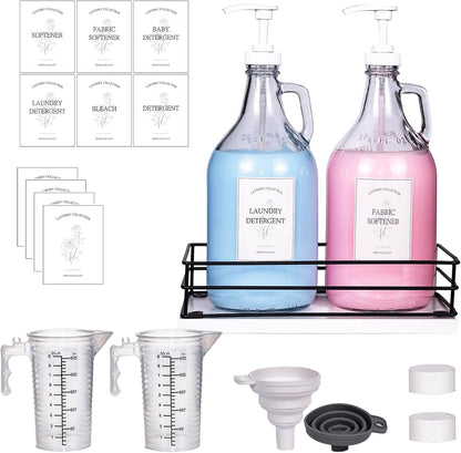 Glass Laundry Detergent Dispenser,1 Gallon Large Liquid Soap 2 Pack(Gold) | Complete borosilicate jars set with leakproof spigots, protective silicone mats, minimalist labels, and dosing cups