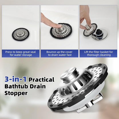 Universal Bathtub Drain Stopper Shower Drain Hair Catcher, Tub Stopper with Visible Top Strainer, Upgraded 3 in 1 Pop-up Drain Plug Fit for 1.5 to 2.4" Hole, Stainless Steel Filter Basket, Chrome