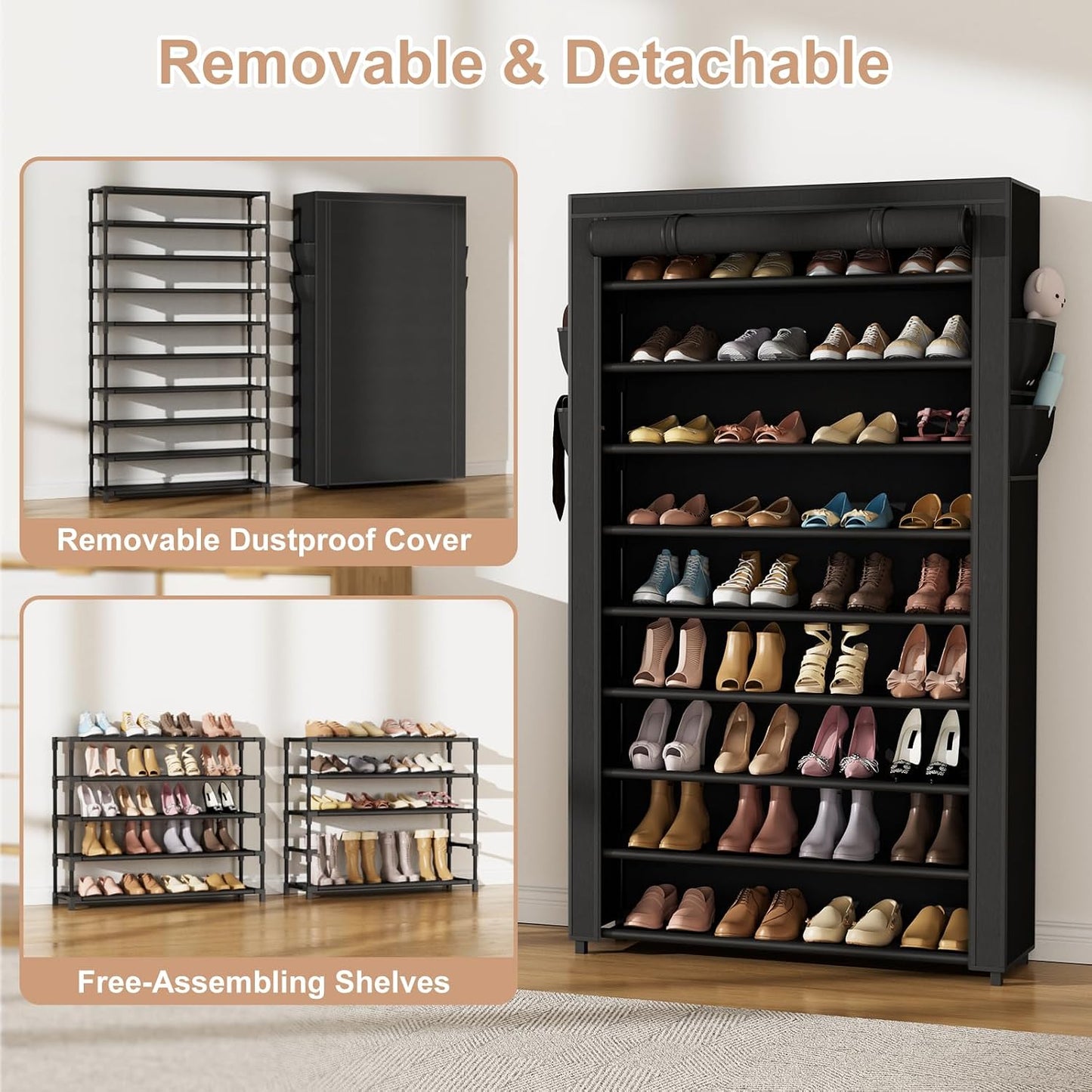 VILICK Shoe Rack with Cover Narrow Shoe Organizer with 4 Side Pockets 10 Tier Tall Shoe Storage Holds 18-22 Pairs Shoes and Boots Shoe Rack for Closet Entryway Garage