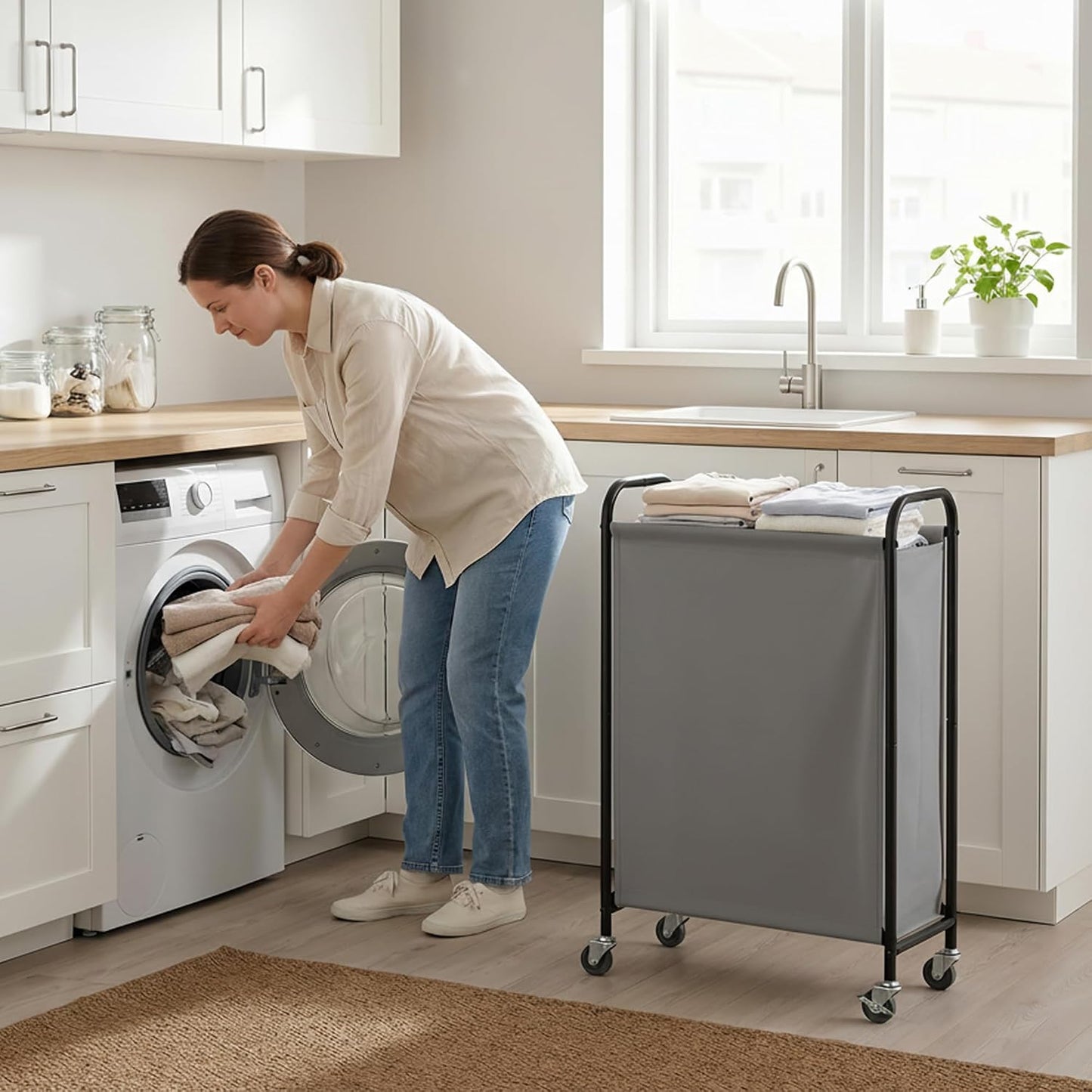 GRANNY SAYS 2 Section 130L Laundry Sorter, Large Laundry Hamper Basket with Wheels and Handles, Durable and Sturdy Rolling Cart for Laundry Room, Hotel, Bedroom, Beige