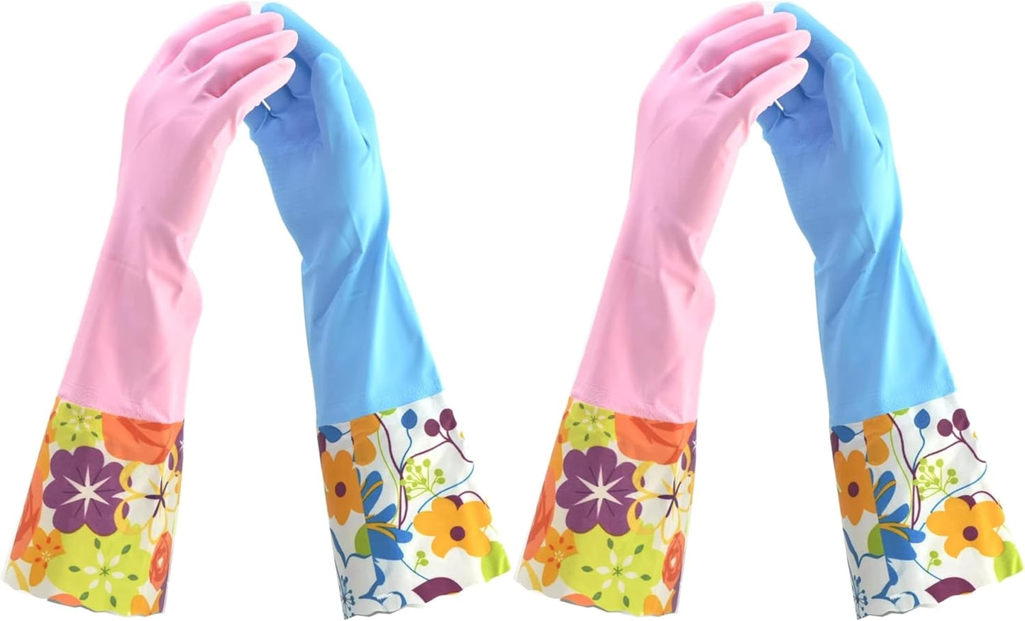 2 PAIRS Household Gloves Latex Free Cleaning Gloves with Soft Lining Long Cuff 15" & Grip, Medum, Pink/Blue