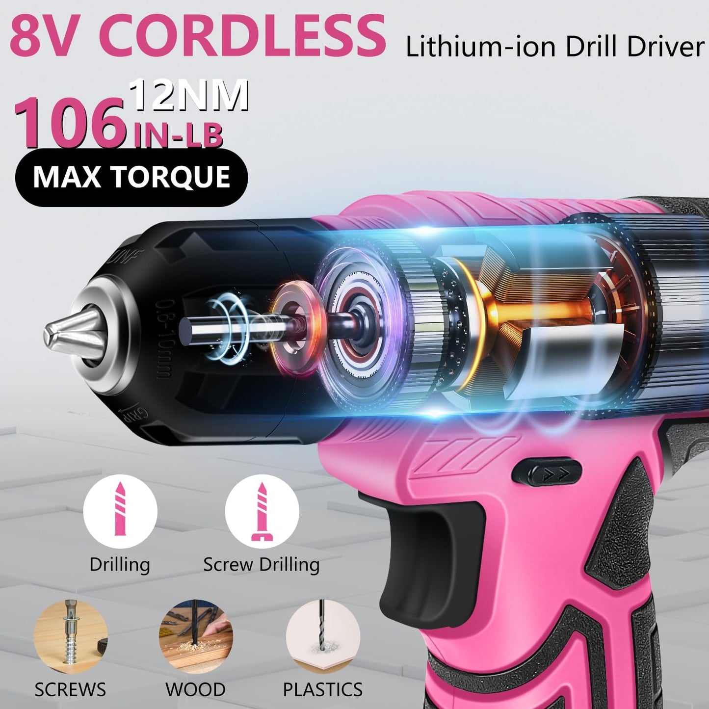 JENABOM Pink 3.6V USB Cordless Electric Screwdriver & Household Tool Kit | Power Screwdriver and Hand Tools in a Compact Box Case for Small Repair and Maintenance- Ideal Housewarming Gift, 112Pcs