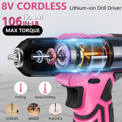 JENABOM Pink 3.6V USB Cordless Electric Screwdriver & Household Tool Kit | Power Screwdriver and Hand Tools in a Compact Box Case for Small Repair and Maintenance- Ideal Housewarming Gift, 112Pcs