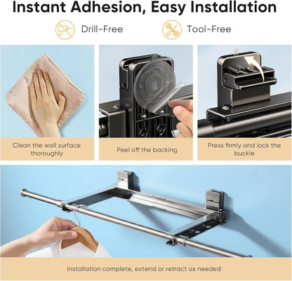 Wall Mounted Drying Rack, Laundry Clothes Drying Rack Foldable, Suction Cup and Telescopic Clothes Drying Pole, Rust-Resistant Carbon Steel No-Drill, Suitable for Flat Surfaces