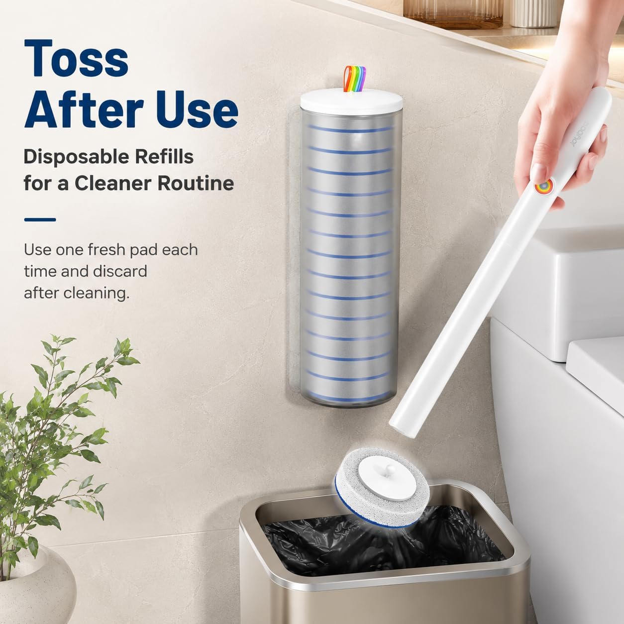 Disposable Toilet Cleaning Brush Kit with 18 Refill Heads, One-Press Release, Built-in Cleaning Solution, Wall-Mounted Storage, Ideal for Bathroom, Home, Rental and Airbnb