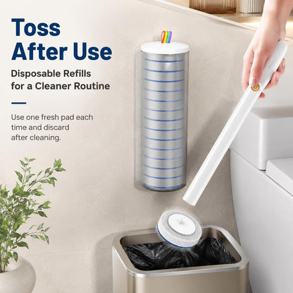 Disposable Toilet Cleaning Brush Kit with 18 Refill Heads, One-Press Release, Built-in Cleaning Solution, Wall-Mounted Storage, Ideal for Bathroom, Home, Rental and Airbnb