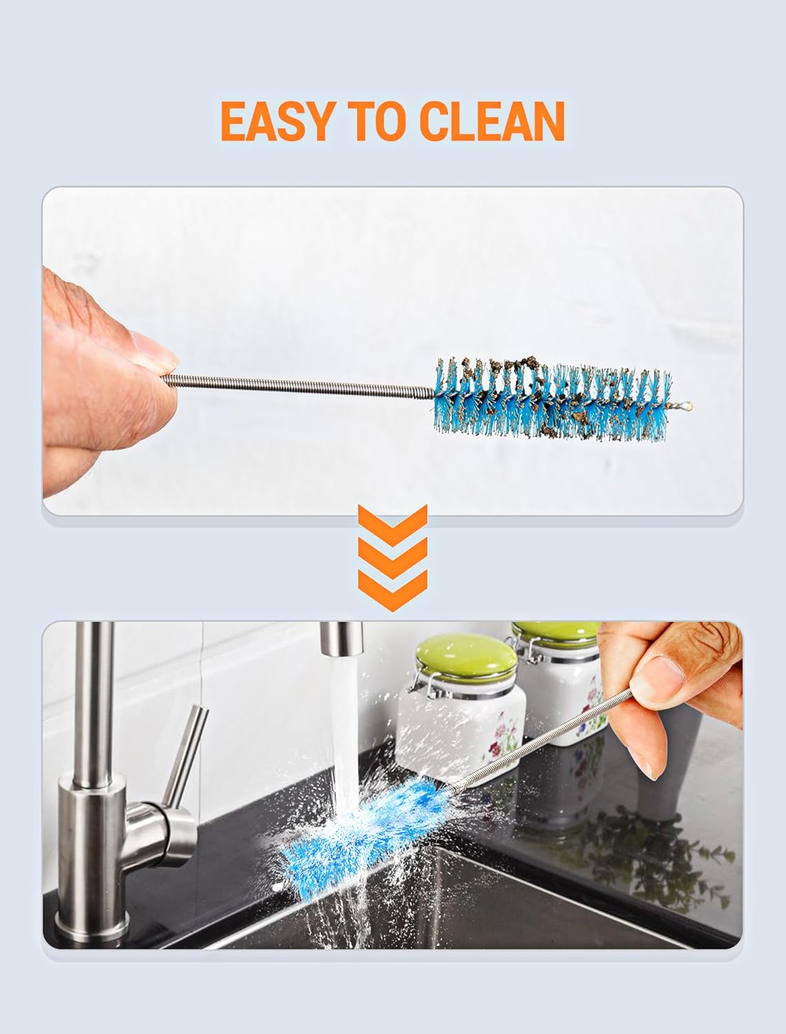 EVOULTES 66" Flexible Drain Brush Tool with Large Brush Head and Double Elastic Nylon Ends, Stainless Steel Long Tube Cleaning Brushes for Kitchen, Sink, Drain Pipe and Long Pipe Cleaning