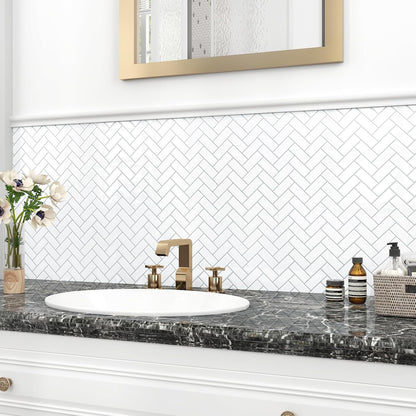 Peel and Stick Backsplash Herringbone White 10 Sheet Peel and Stick Shower Tile Waterproof 3D Tile Sticker Glossy Self Adhesive Renter Friendly Backsplash Herringbone for Kitchen Bathroom Laundry Room