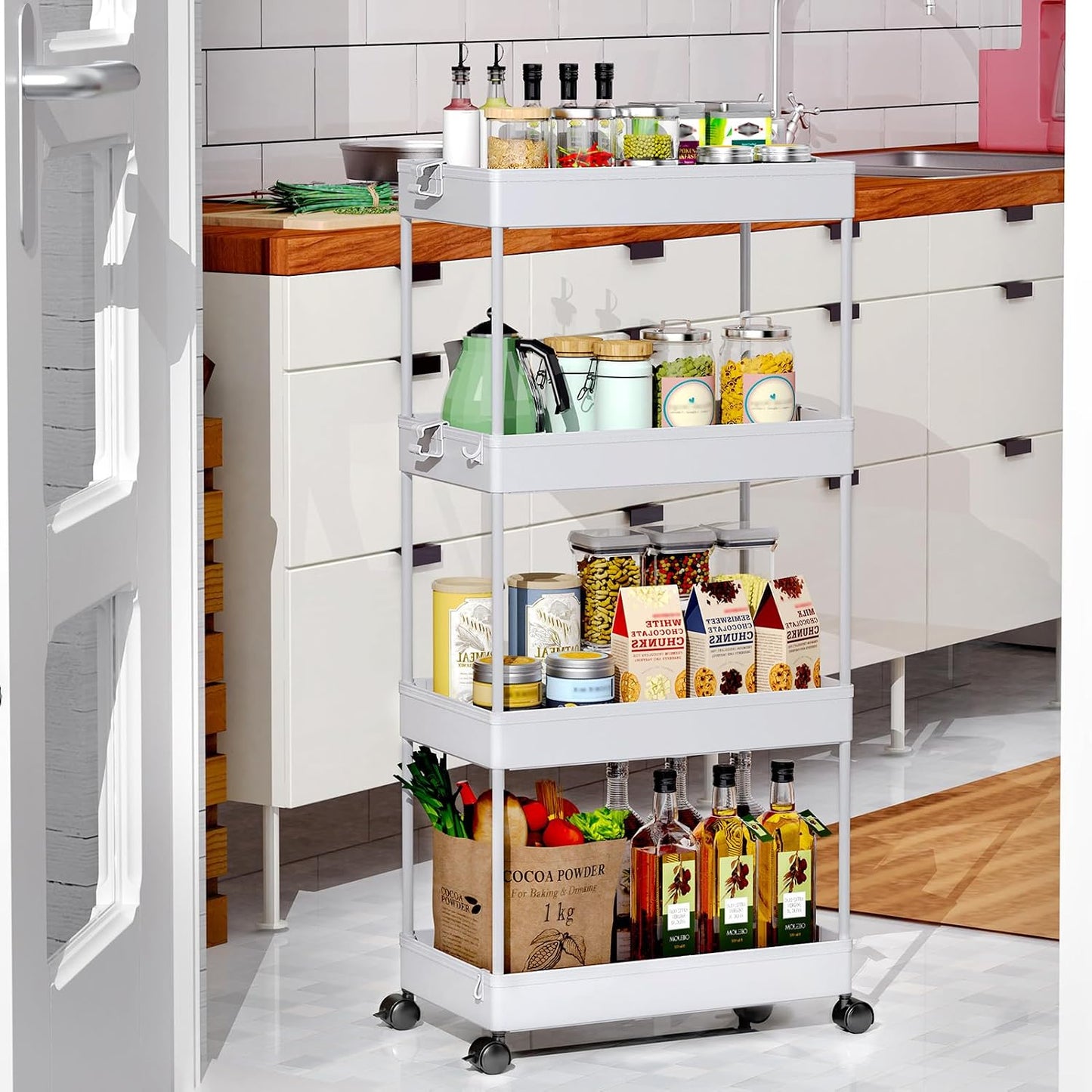 SPACEKEEPER 5-Tier Rolling Cart, Bathroom Storage Organizer Utility Cart, Mobile Shelving Unit Slide Out Shelves for Kitchen Living Room Laundry Room & Dressers, Black