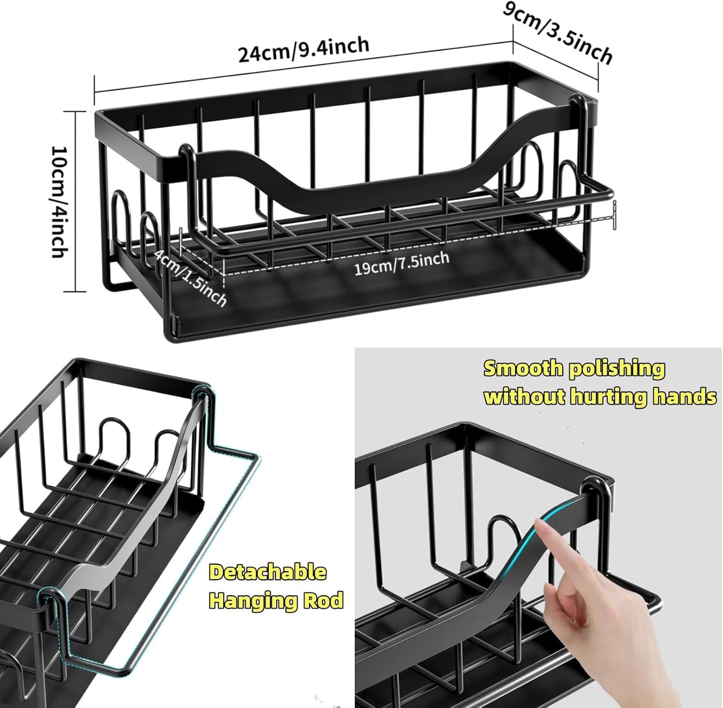 Kitchen Sink Organizer Stainless Steel Sponge Holder with Automatic Drainage Tray and Detachable Rag Rack