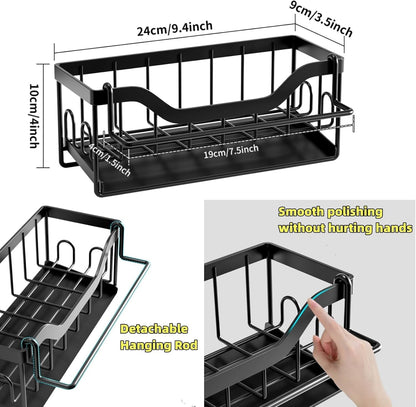 Kitchen Sink Organizer Stainless Steel Sponge Holder with Automatic Drainage Tray and Detachable Rag Rack
