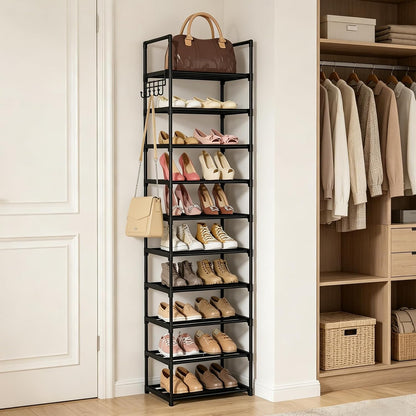 Narrow Shoe Rack 10 Tiers Tall Shoe Rack for Entryway Closet 20 24 Pairs Shoe & Boots Organizer Storage Shelf Durable Black Metal Stackable Shoe Cabinet with Hooks, 17.1D x 11.8W x 78.7H in