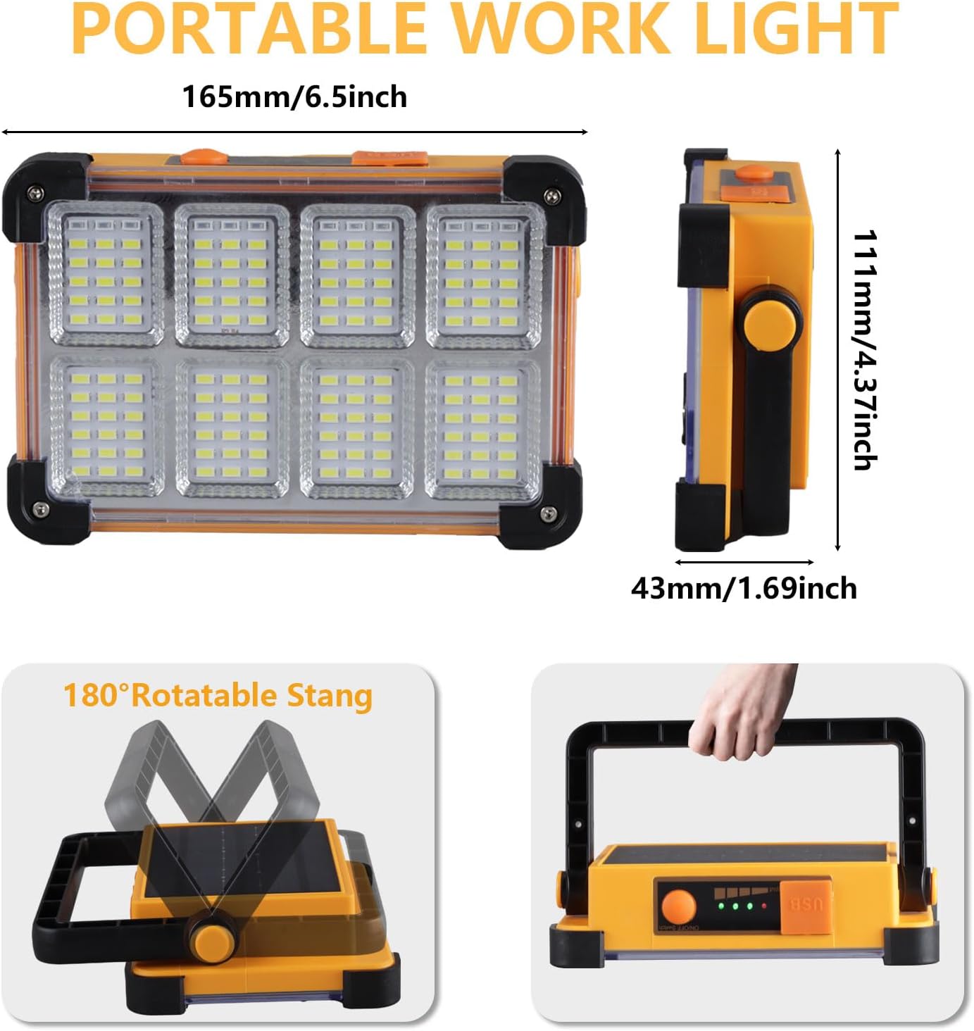 120W Solar Rechargeable Work Light, 144 LED 10000LM Portable Flood Light with Stand, IP66 Waterproof 4 Modes LED Job Site Lighting Flashlights for Mechanic Camping Fishing Car Repair