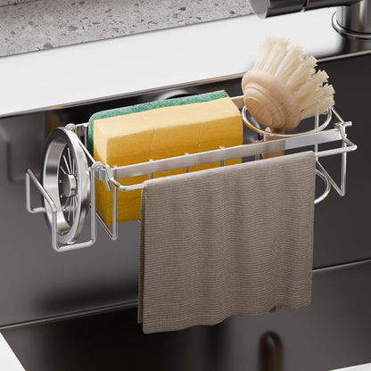 TAILI Sponge Holder with Strong Suction Cup, Dish Sponge Caddy Inside Sink Removable, Rustproof Aluminum for Sponges, Brushes, Stoppers and Scrapers - Black