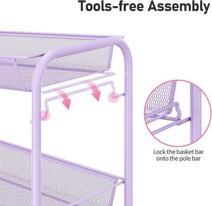 TOOLF 3-Tier Metal Rolling Cart, Mesh Wire Easy Assemble Utility Cart, Storage Trolley on Wheels with 3 Hooks, MetalStorage Shelving Units for Kitchen Bathroom Laundry Room