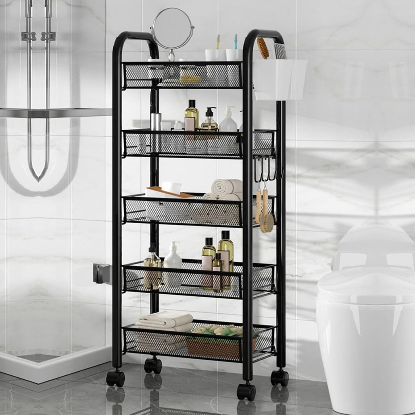 5-Tier Rolling Cart, Stackable Fruit Vegetable Rack, Kitchen Mesh Storage Basket with 360 Degree Wheels, Snack Cart for Kitchen Pantry Bathroom Organizer Heighten Guardrail Detachable (5-Tier Black)