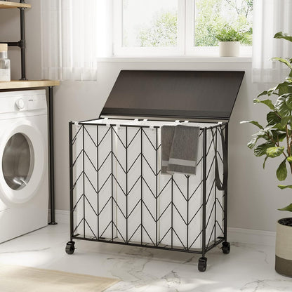 WOWLIVE Laundry Basket with Wheels, 142L Laundry Hamper 3 Section with Lid, Dirty Clothes Hamper with Removable Bags, Large Capacity Iron-Made Laundry Basket Organizer Laundry Sorter for Dorm, White