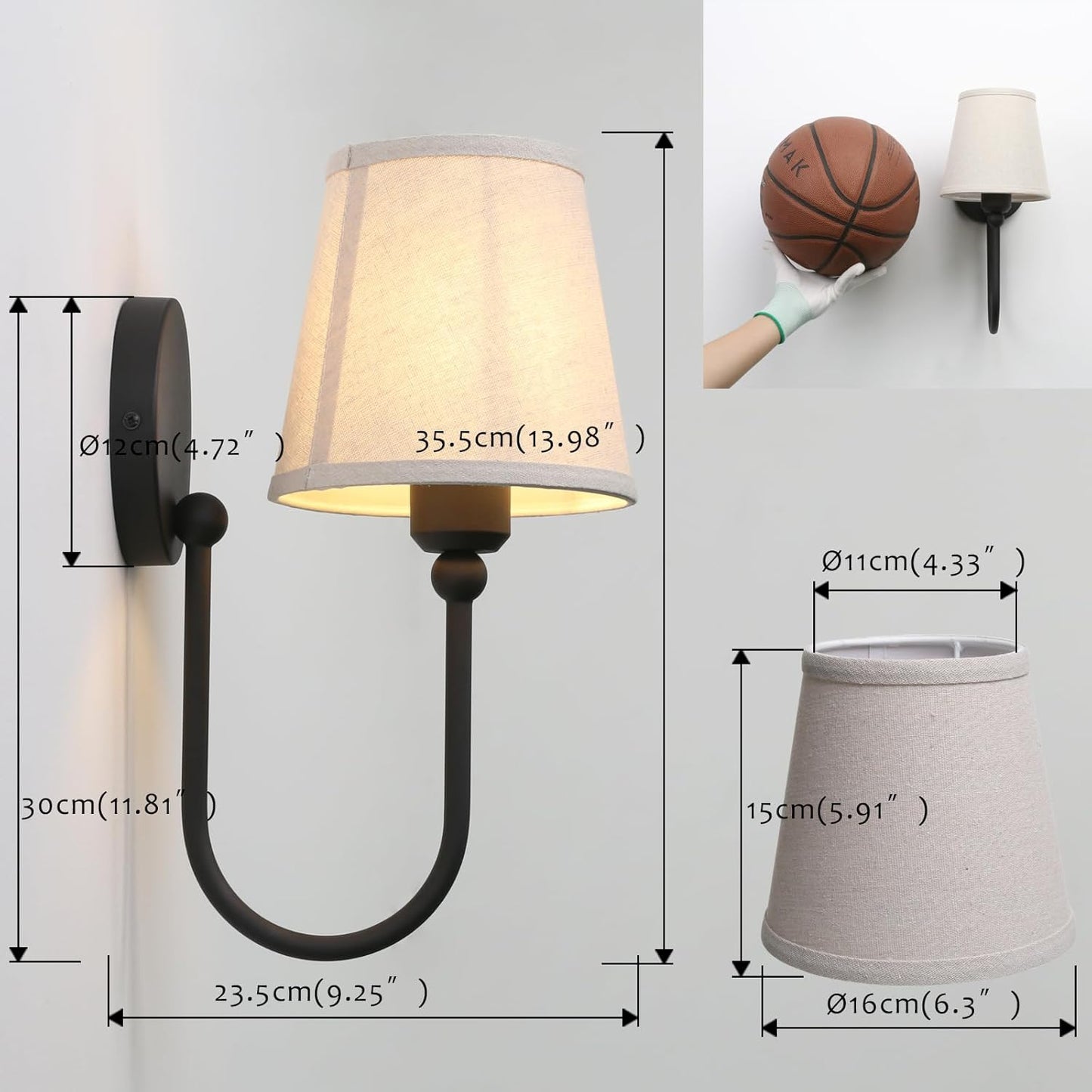 Pathson Antique Linen Fabric Wall Sconces Set of 2, Hardwired Curved Arm Bathroom Vanity Light, Indoor Wall Decor Lamp for Living Room, Kitchen, Bedroom, Foyer