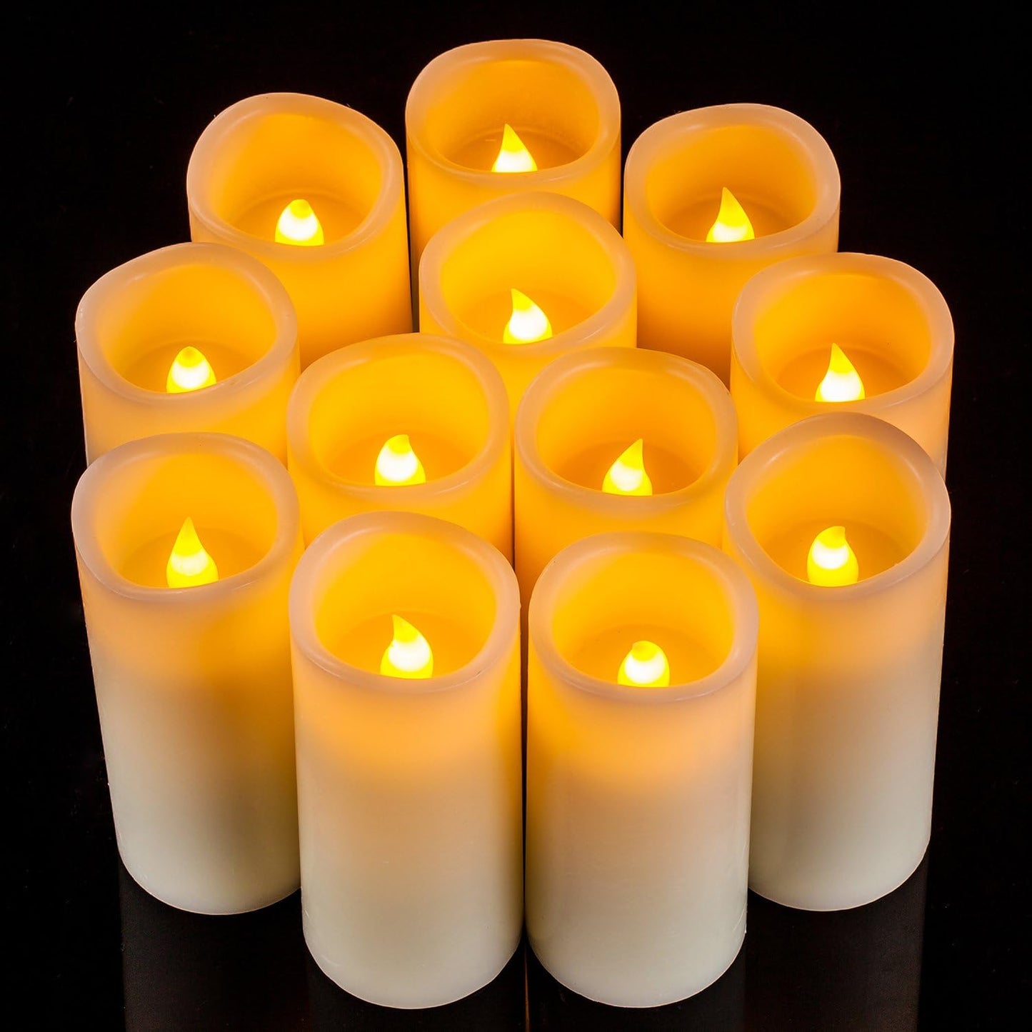 Enpornk Flameless Battery Operated Outdoor Waterproof Set of 12(D: 3" x H: 3" 4" 5" 6") Pillar LED Candles with 10-Key Remote and Cycling 24 Hours Timer