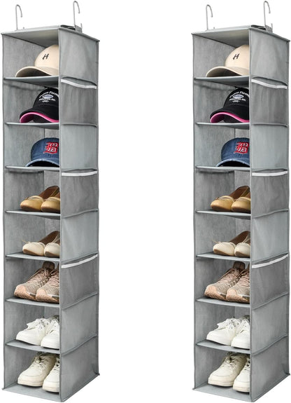 Berdeng Hanging Shoe Organizer for Closet with Side Mesh Pockets，Hat Racks for Baseball Caps，Shoe and Hat Holder & Storage，8-Shelf，Gray，1 Pack