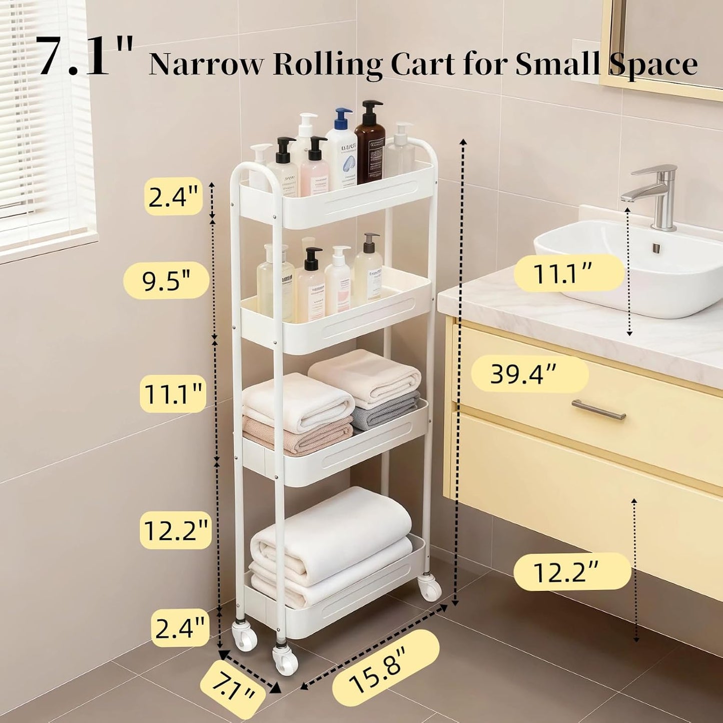 3 Tier Slim Metal Rolling Storage Cart for Laundry Room & Kitchen Organizer, 7.1'' Thin Standing Shelf for Narrow Spaces, Utility Cart with Wheels & Lockable Casters for Bathroom, Black