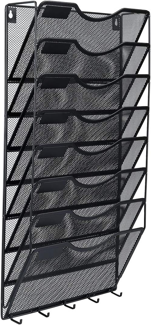 EasyPAG 5 Pocket Mesh Wall File Organizer with Key Hooks, Hanging Paper Folder Holder with Classify Label, Vertical Wall Mount Mail Organizer for Office Home Classroom, Black