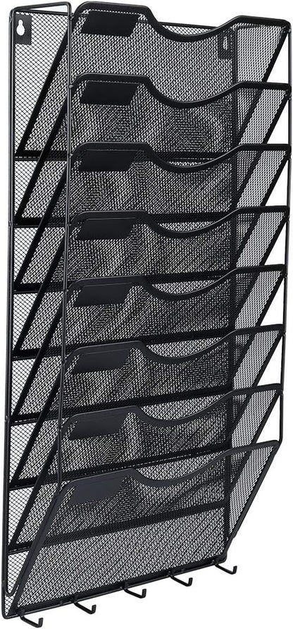 EasyPAG 5 Pocket Mesh Wall File Organizer with Key Hooks, Hanging Paper Folder Holder with Classify Label, Vertical Wall Mount Mail Organizer for Office Home Classroom, Black
