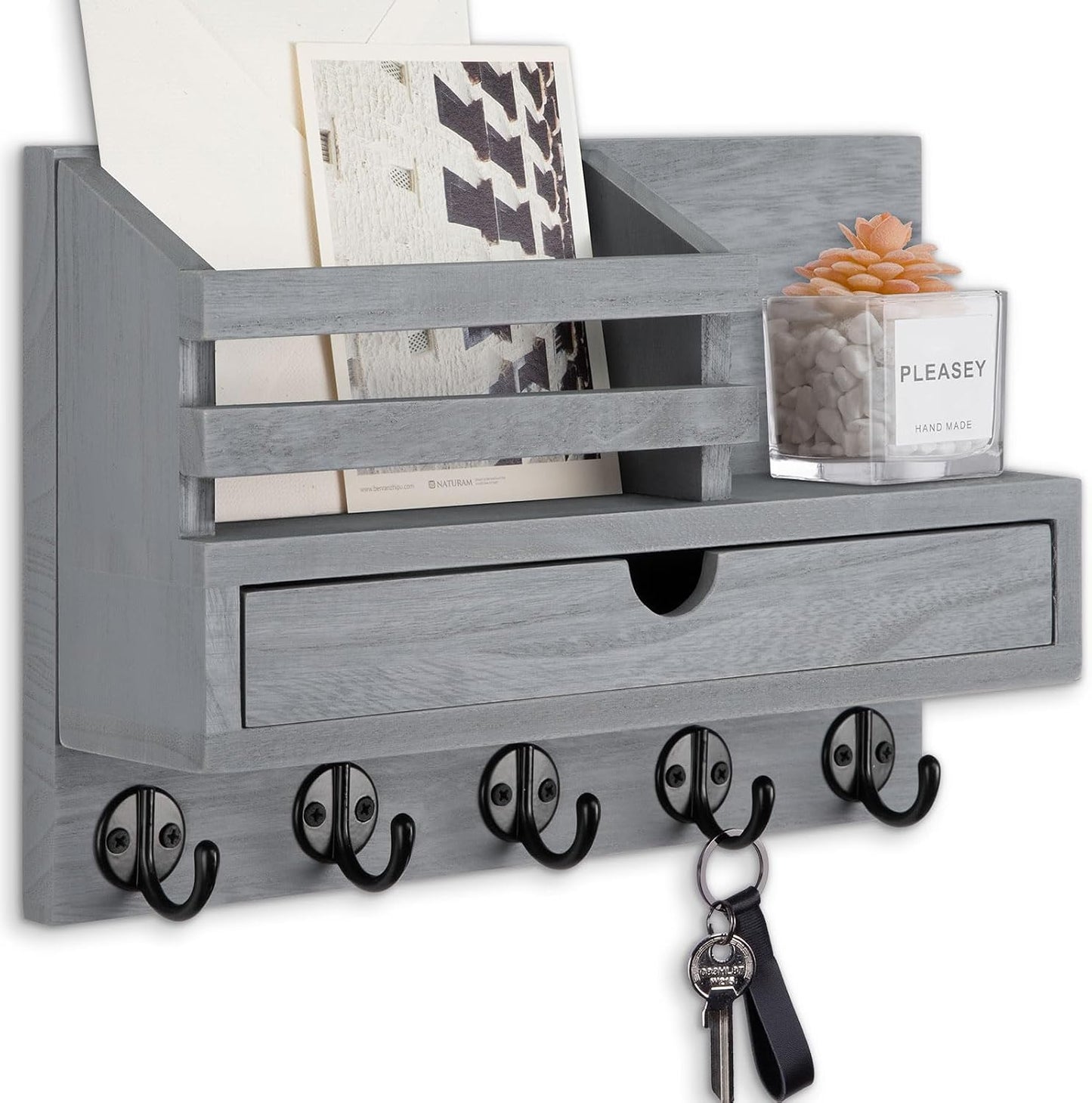 Key Holder Wall Mount, Mail Holder with Storage Drawer and 5 Key Hooks for Coat, Dog Leash, Home Decor Rack, House Accessories, Entry Way Organizer