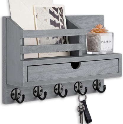 Key Holder Wall Mount, Mail Holder with Storage Drawer and 5 Key Hooks for Coat, Dog Leash, Home Decor Rack, House Accessories, Entry Way Organizer