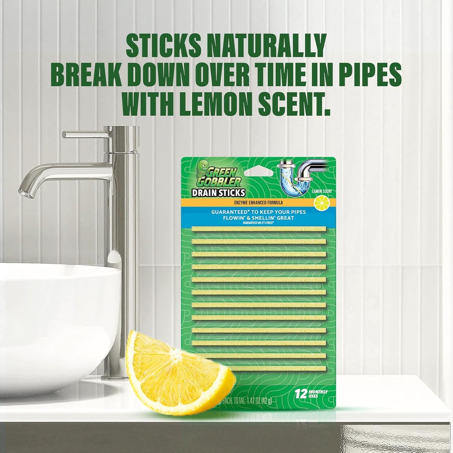 Green Gobbler Drain Cleaner and Deodorizer Sticks with Enzymes - Maintain a Clean Drain, Safe for Pipes and Septic Tanks, Use Monthly - 12 Pack