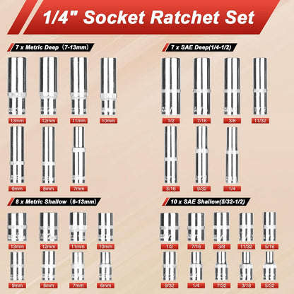 Egofine 46 Pieces 1/4 inch Drive Socket Ratchet Wrench Set, with Bit Socket Set Metric and Extension Bar for Auto Repairing and Household, with Storage Case